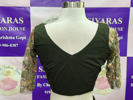 Rock this chic Indowestern Mahendi green Ready2Wear Saree in 
size 38