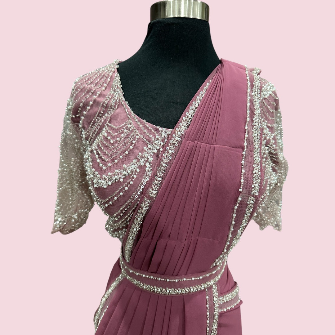 Beautiful IndoWestern party wear  pre drape saree with work. Comes with stitched blouse. Available in size 38 42