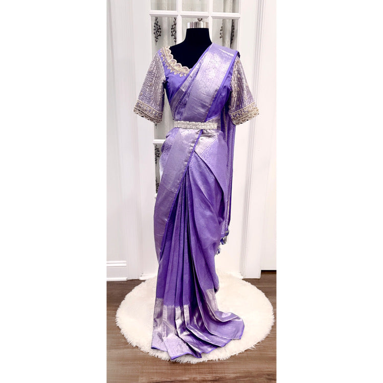 Lavender Pure Kanchi Pattu Saree (silk mark certified) with elegant Maggam work blouse with silver Zari border
