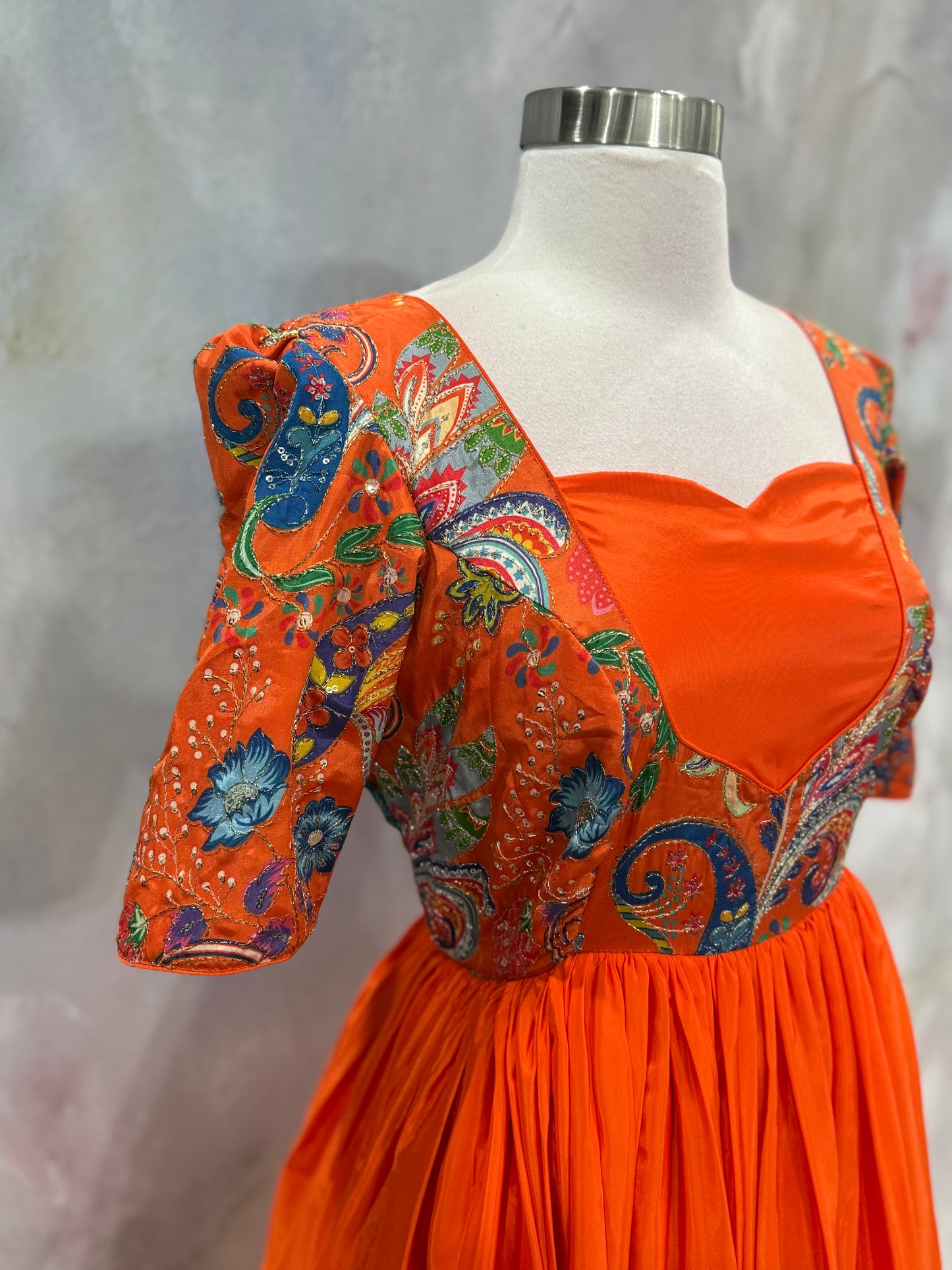 Customized crepe bright orange Partywear gown with Position print sequence work in yoke flowy gown size 40 length 55 in ready to ship USA