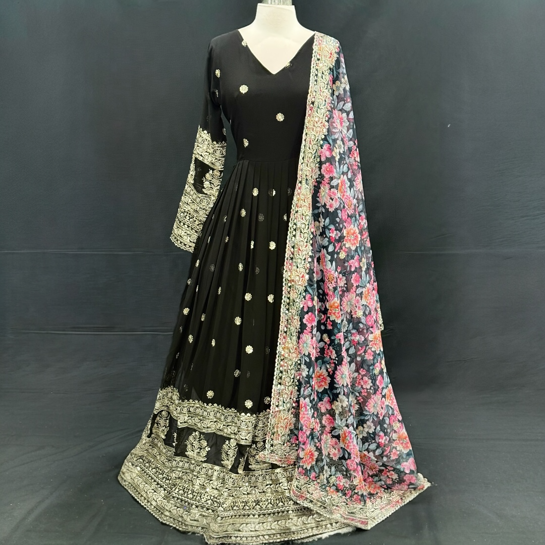 Elegant Black Embroidered Anarkali Suit with Floral Dupatta. Available in size 40.
