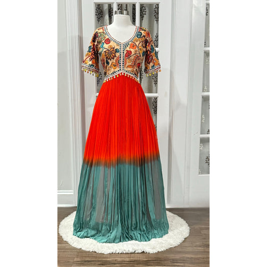 Orange and Grey hand Embroidery Georgette Dress with Kalamkari print and Mirror Work – Size Small 36 to Med 38