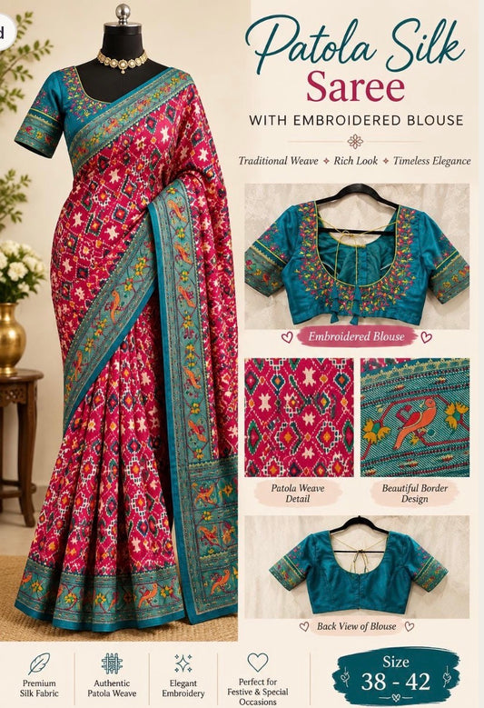 Patola Silk Saree with Embroidered Blouse | Saree tassels|Traditional Indian Saree | Designer Silk Saree | Festive Wear | Size 38–42