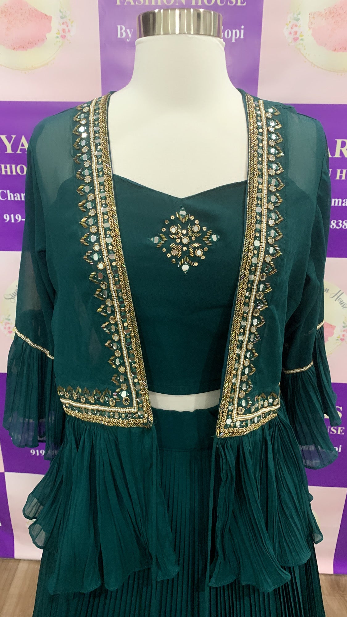 Designer Party Wear/Cocktail Crop Top with Jacket with hand work and  mirror work bell sleeves |Reception Dress| Bollywood Dress