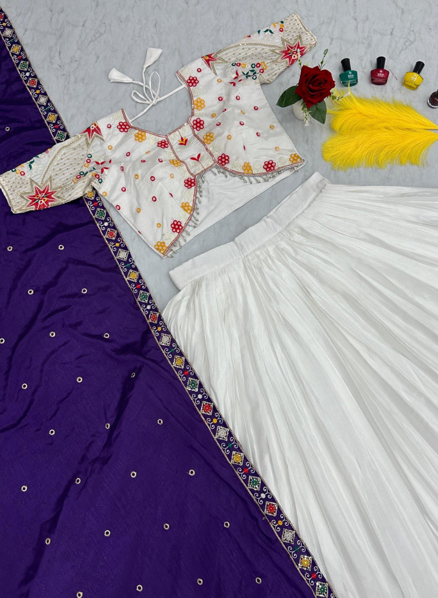 Clearance saleElegant White & Purple Chaniya Choli - Chinon Fabric with Heavy Embroidery  Sequins - Navratri Special - Sizes M (38)