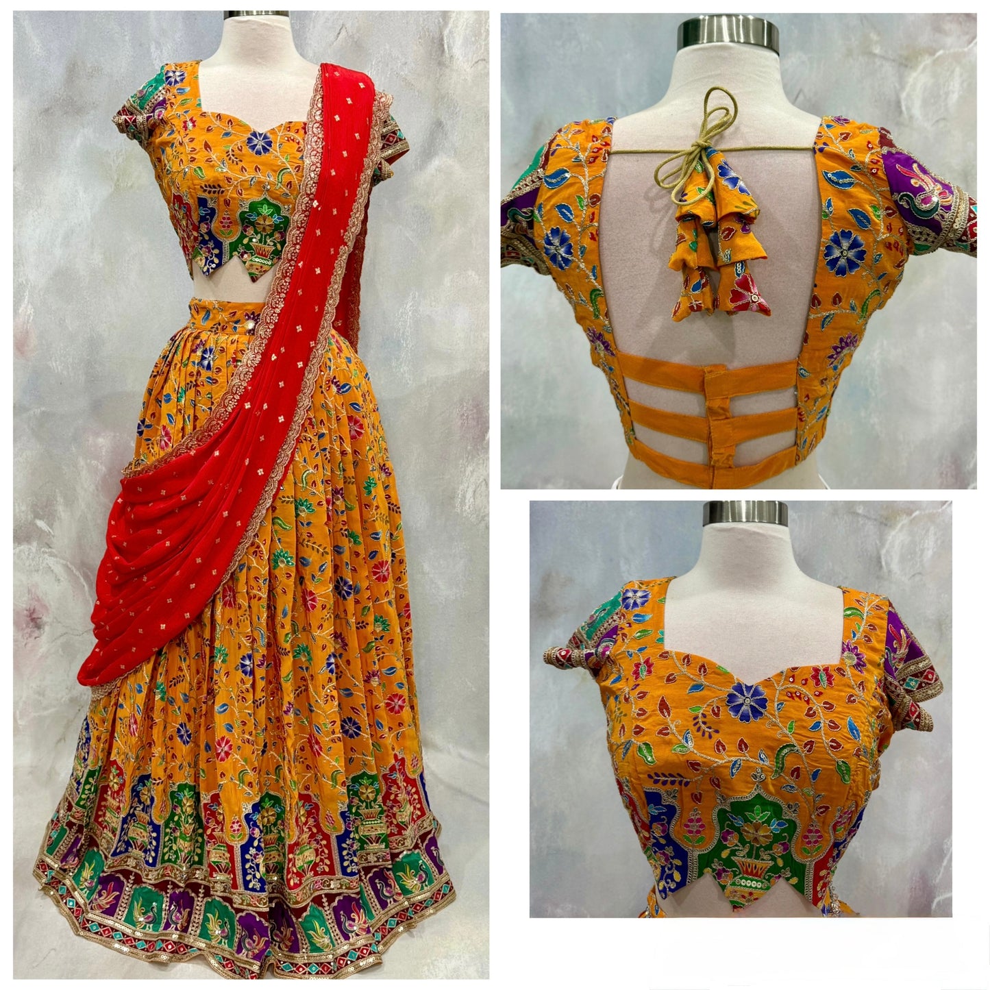 Beautiful Customized Position Print Designer Lehenga. Perfect for weddings, festive.                      Available in chest size 40 to 46.       Skirt waist 32 to 34.