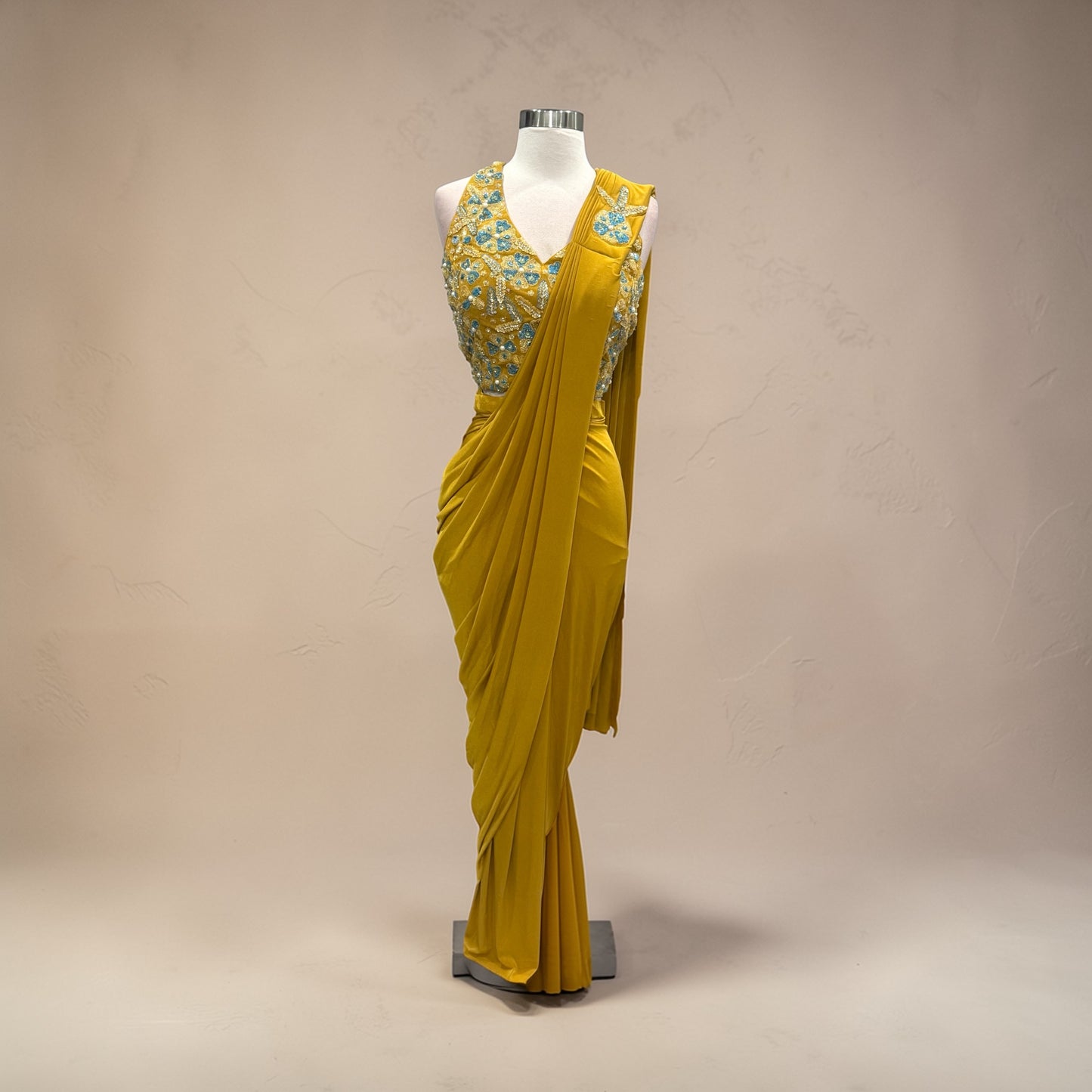Mustard Yellow R wet to wear Saree with halter neck work blouse