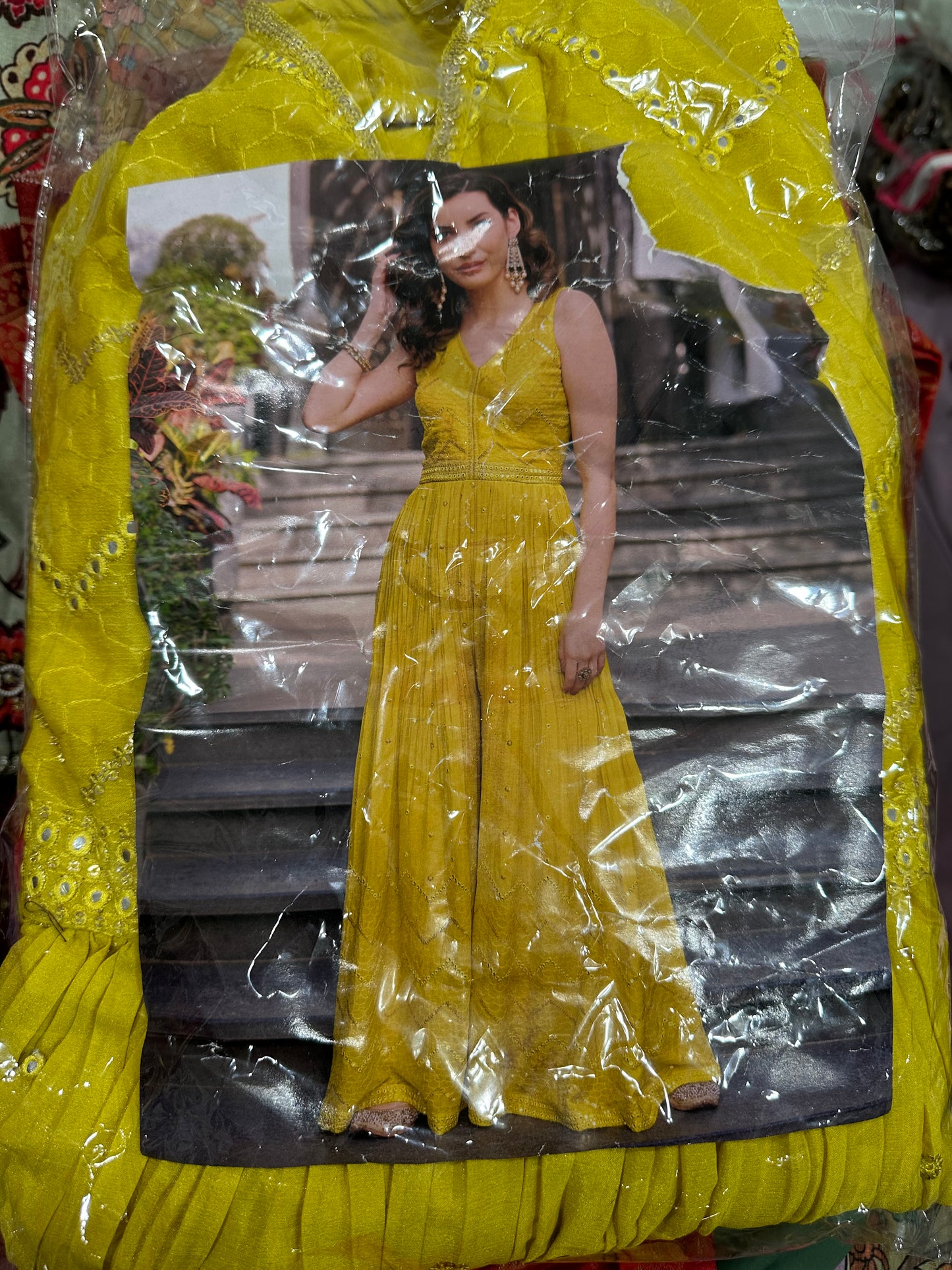 Gorgeous  Jumpsuit  chic attire  yellow Chinon and Georgette with thread and sequin embroidery on front an back Ready to ship in USA