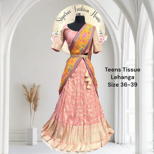 Beautiful Tissue silk half saree  with kalamkari Dupatta / Lehenga in this beautiful combo pink and yellow. Size available in 36,38 .