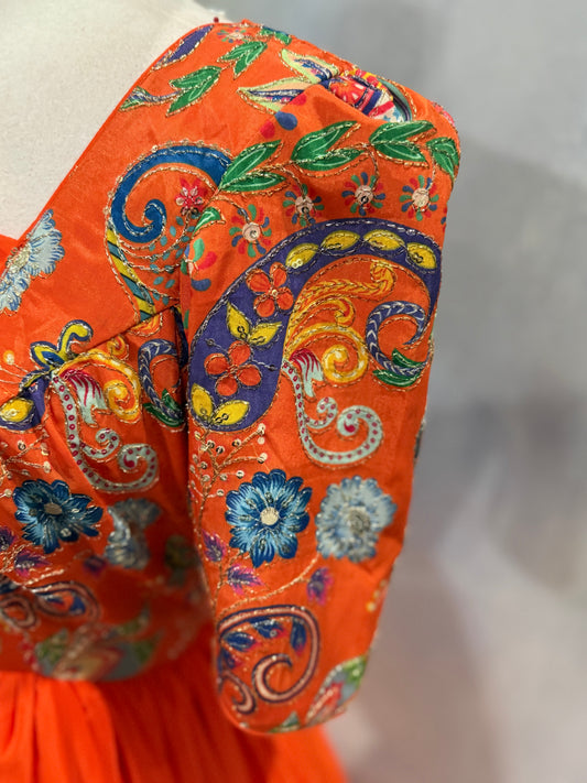Customized crepe bright orange Partywear gown with Position print sequence work in yoke flowy gown size 40 length 55 in ready to ship USA