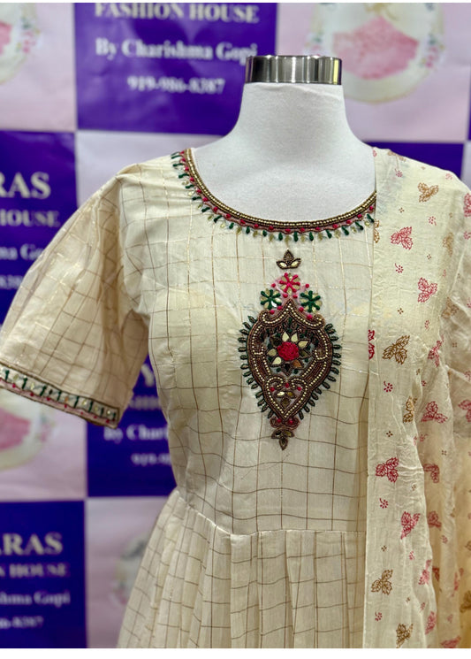 Elegant Festive Cotton Checks off white Long gown hand work in yoke, with dupatta and pant , Partywear Ready to ship USA XXL size 44