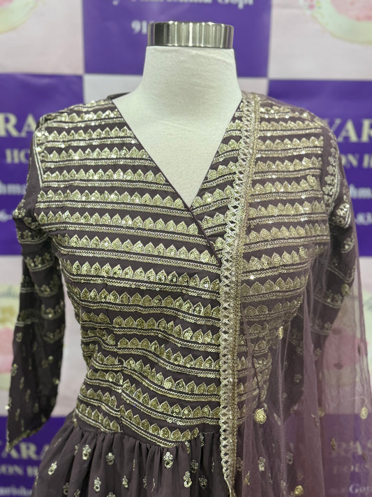 Elegant Mauve  Partywear Sequin Sharara Set | 3-Piece Suit | Palazzo Pants | Size 38 | Length 48 in