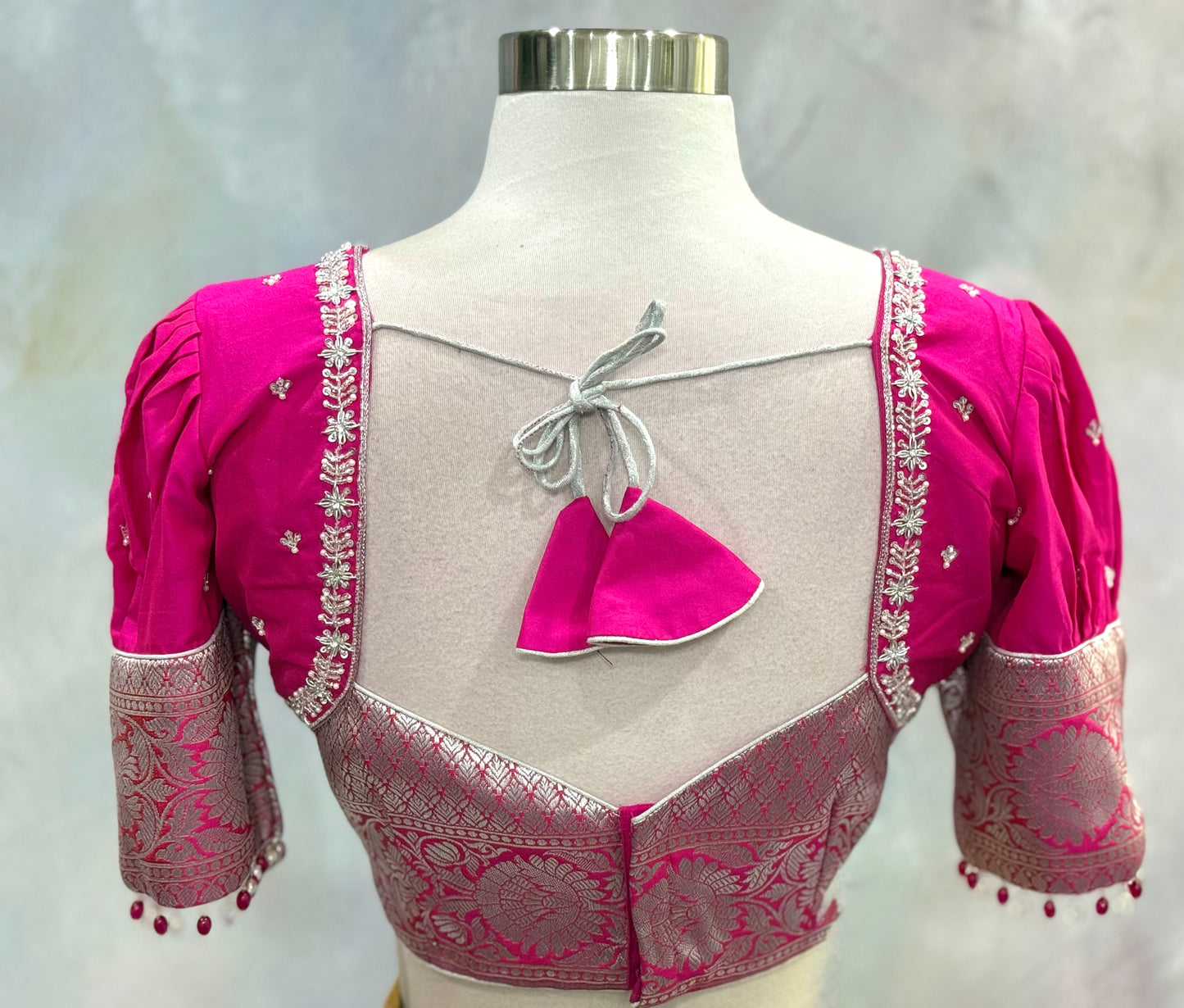 Beautiful Customized Banarasi silk half sarees in yellow and magenta pink hues Maggam work blouses and bead embellishments size 34 to 38