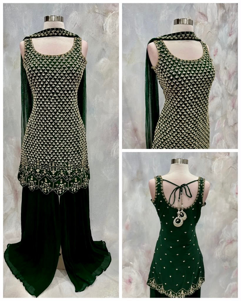 Green Georgette Partywear Sharara set with hand work with beads sequence and tube work Size 36/38 Partywear wedding Mehendi ready to ship US