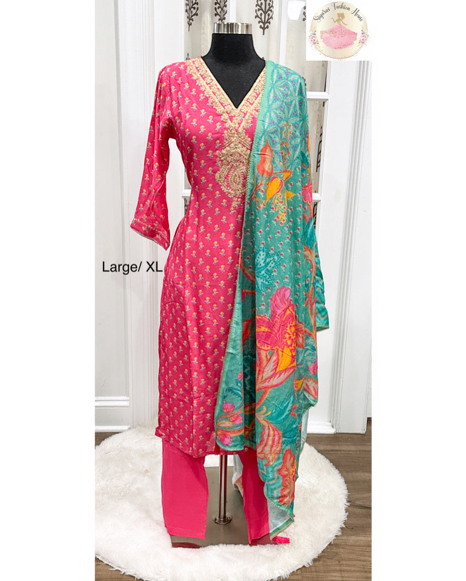 Gorgeous 3 pc Silk suit in elegant combo of pink kurti and teal blue digital print dupatta and  matching pant