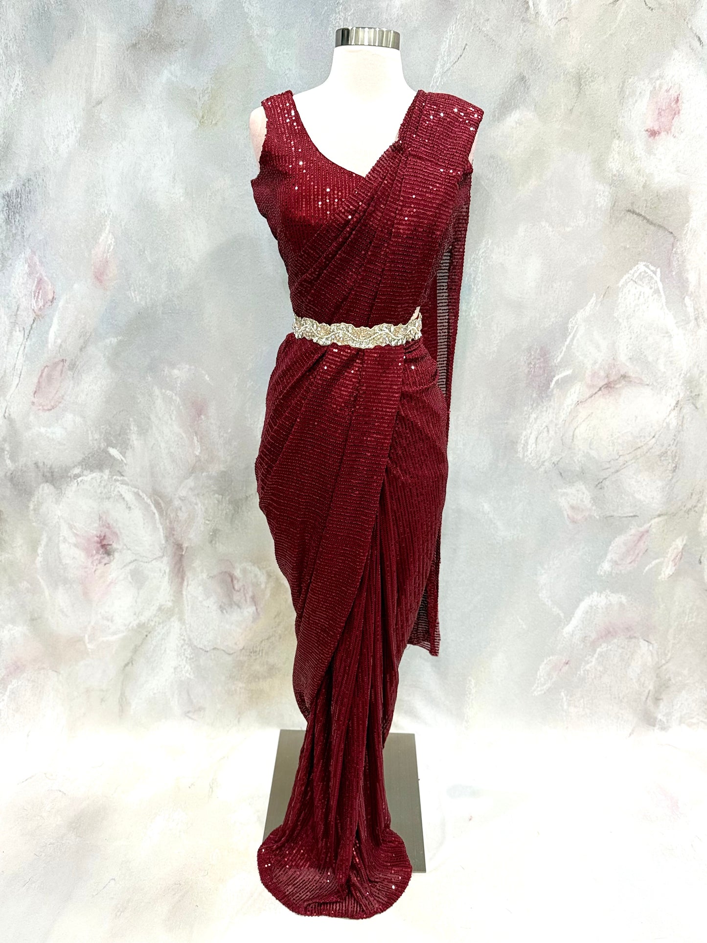 Gorgeous Ready to wear sequin sareee burgundy color sequin fabric size 38 ready to ship cocktail wedding sangeet Partywear dress