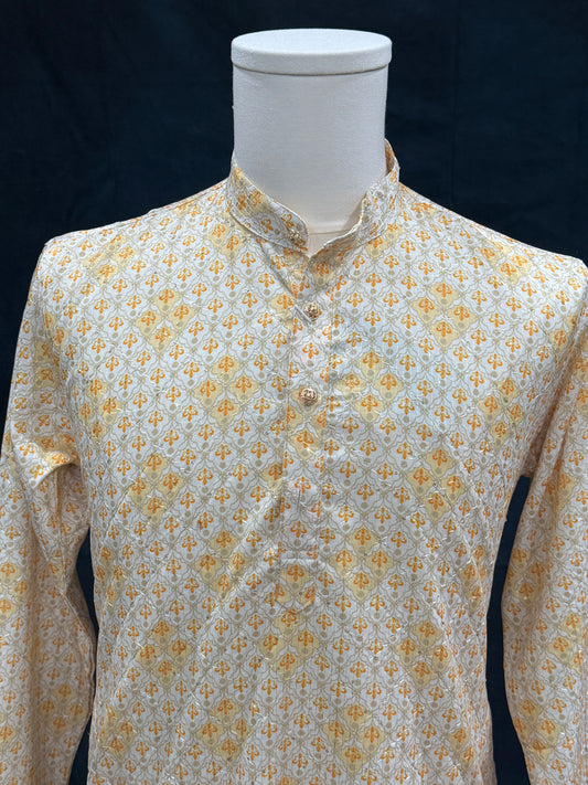 Men’s Sequin Silk Kurta Pyjama Set | Light Yellow Partywear Outfit | Wedding & Reception Dress | Size 40 & 44 | Fast Shipping from USA | Budget Friendly