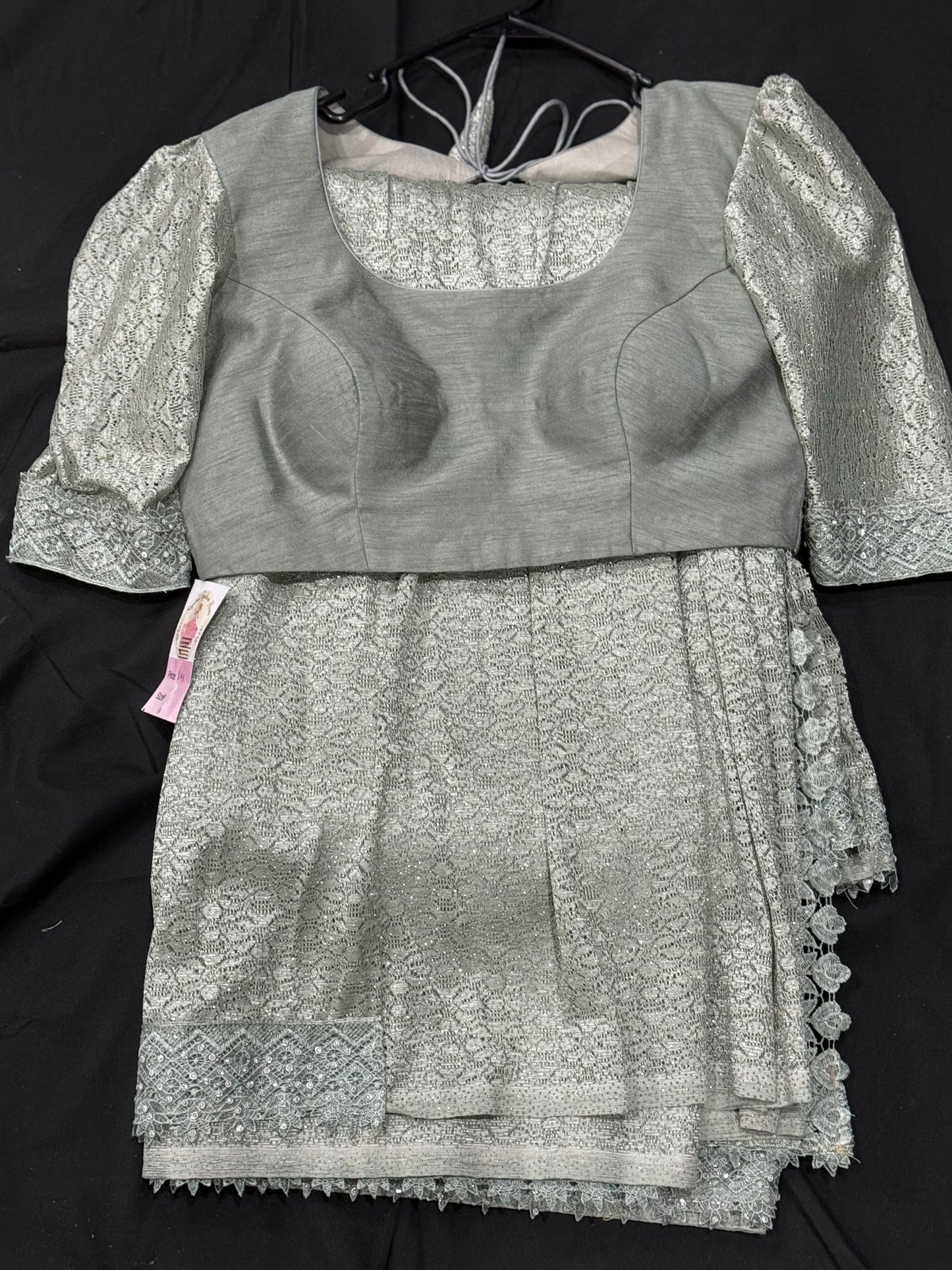 Beautiful pastel green partywear shimmering saree stitched blouse stone and lace  wedding reception cocktail partywear saree size 38 to 42