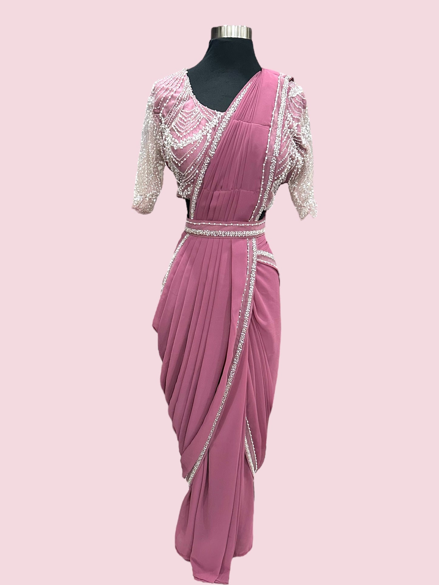 Beautiful IndoWestern party wear  pre drape saree with work. Comes with stitched blouse. Available in size 38 42