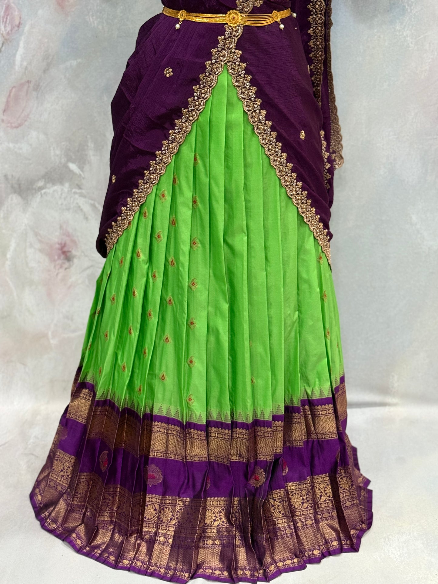 Customized traditional Gadwal half saree adorned with a stylish blouse and matching  cut work  dupatta size fits 36 to 42