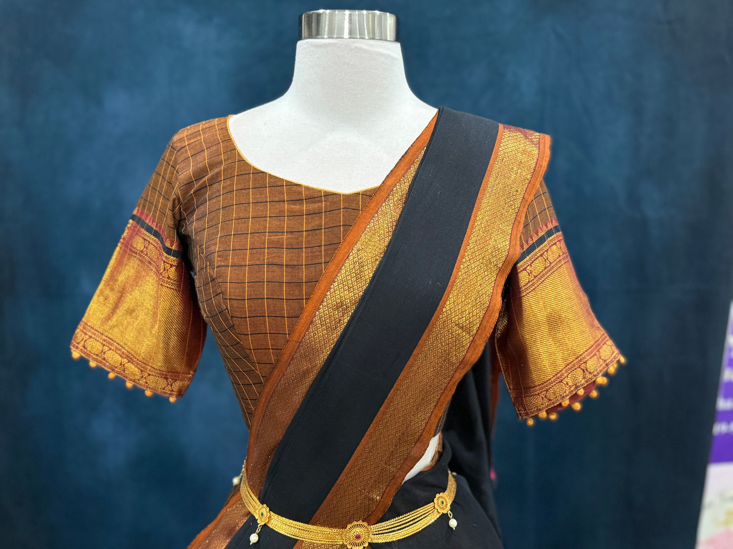 Traditional customized narayanpet cotton half saree , langa voni in brown checks and black color combo size 38 to 42