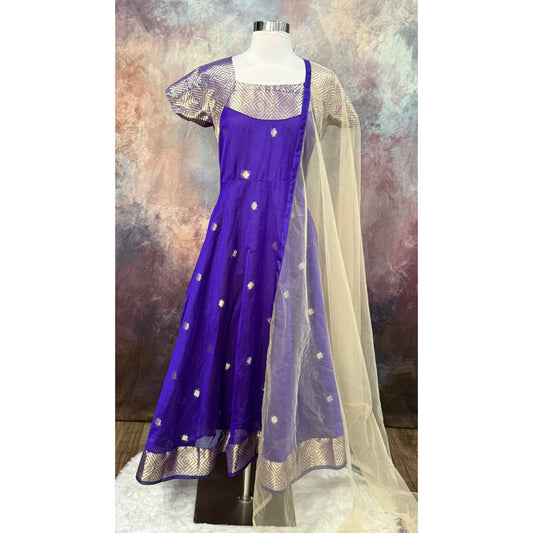 Gorgeous Royal Blue/Purple Silk Gown | Elegant Partywear Dress with Dupatta | Size 44 XXL | Length 48 | Festive & Wedding Guest Outfit