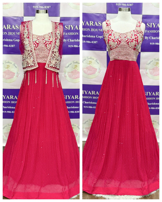 Crafted with shimmering stone & sequin detailing, this flowy floor-length gown exudes sheer elegance and charm. Perfect for weddings, receptions, and festive parties 🎉

Size: Large 40 and XXL 44