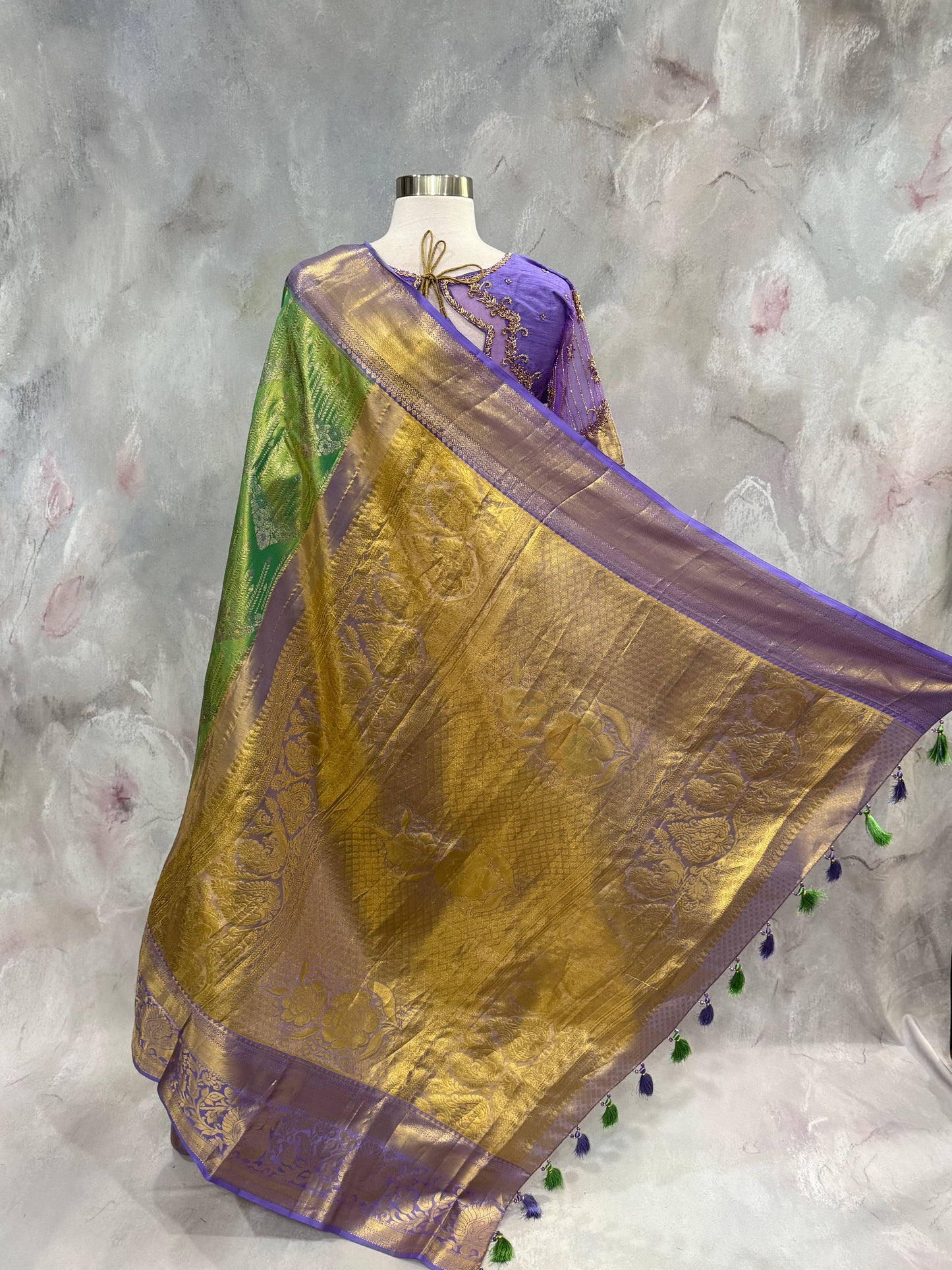 Gorgeous Wedding Pure Silk Mark Kanchi Pattu Saree with elegant designer Maggam work blouse with Net sleeves and back size 40 plus margin