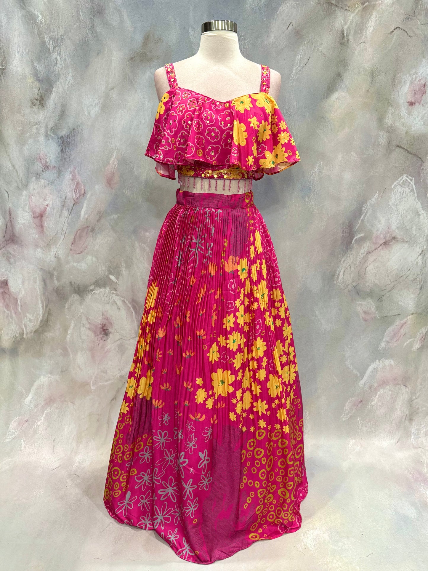 Beautiful Muslin Crop top pink hues with sequence work blouse and crush floral pattern Lehanga size 38