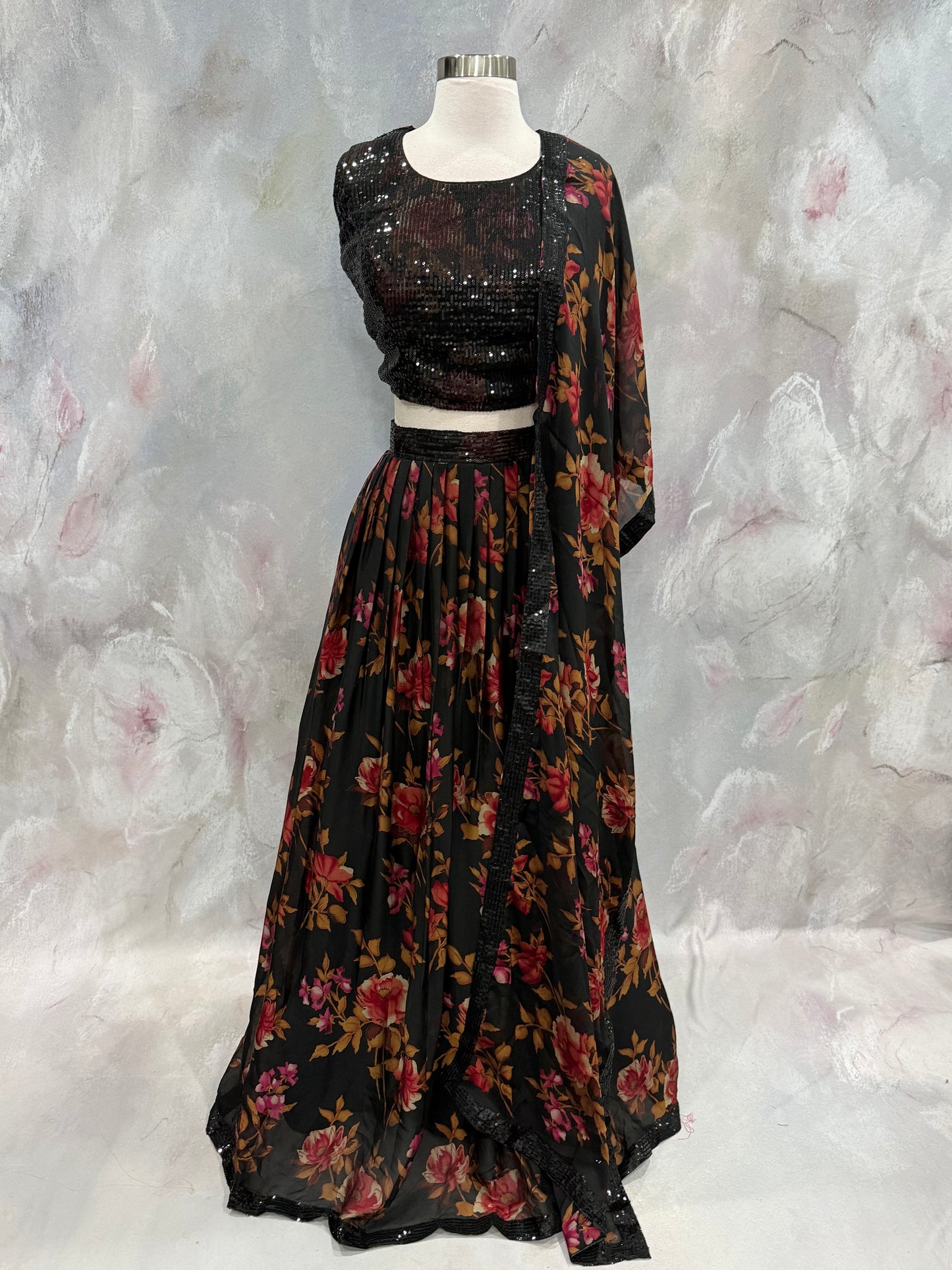 Elegant Sequence Partywear sequin floral  Lehenga Size 44 midnight bloom elegant reception cocktail size inclusive partywear Lehanga