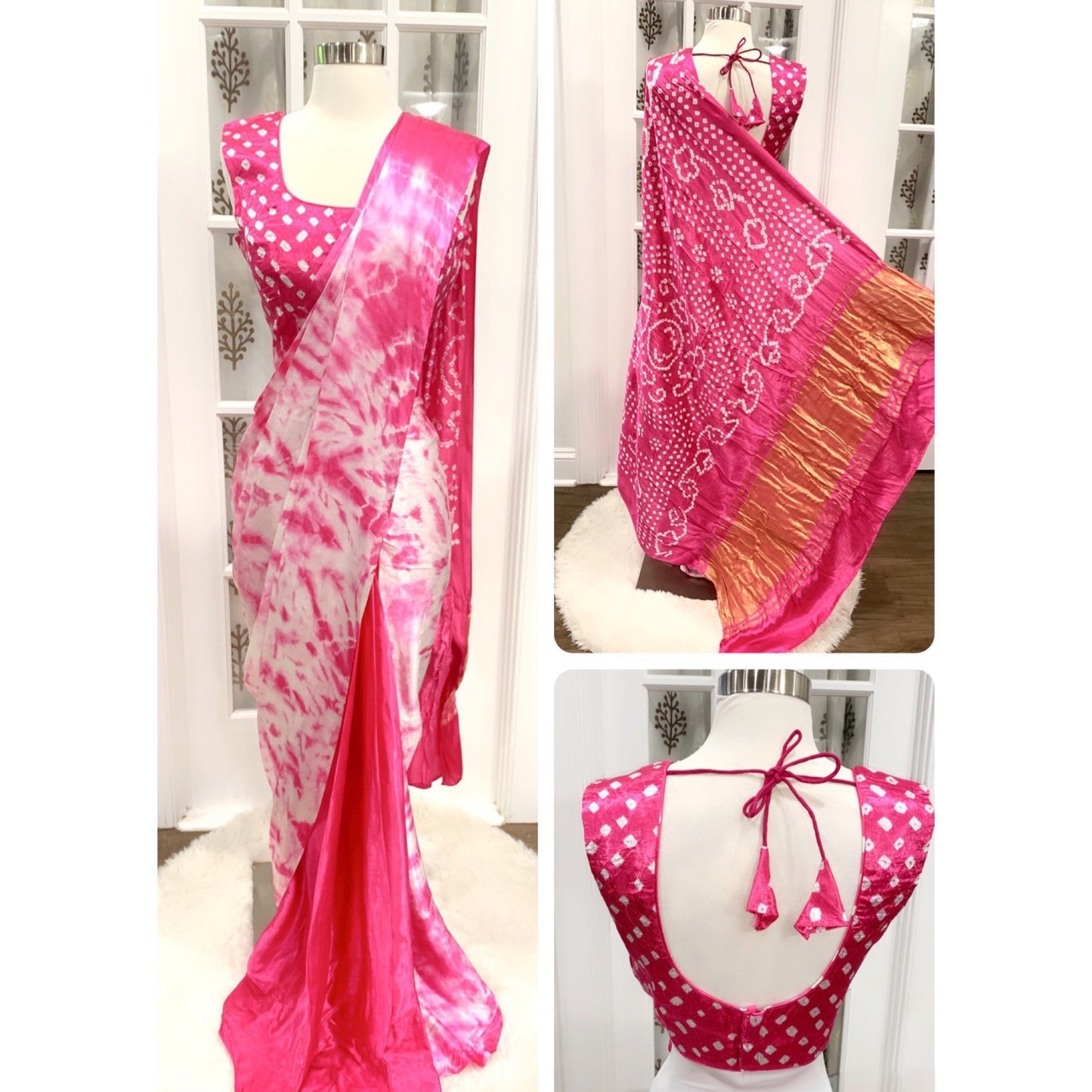 Gorgeous pink Hand made hand dyed Tissue Pallu Bandhini Saree  Modal Silk fabric with sleeves attached inside