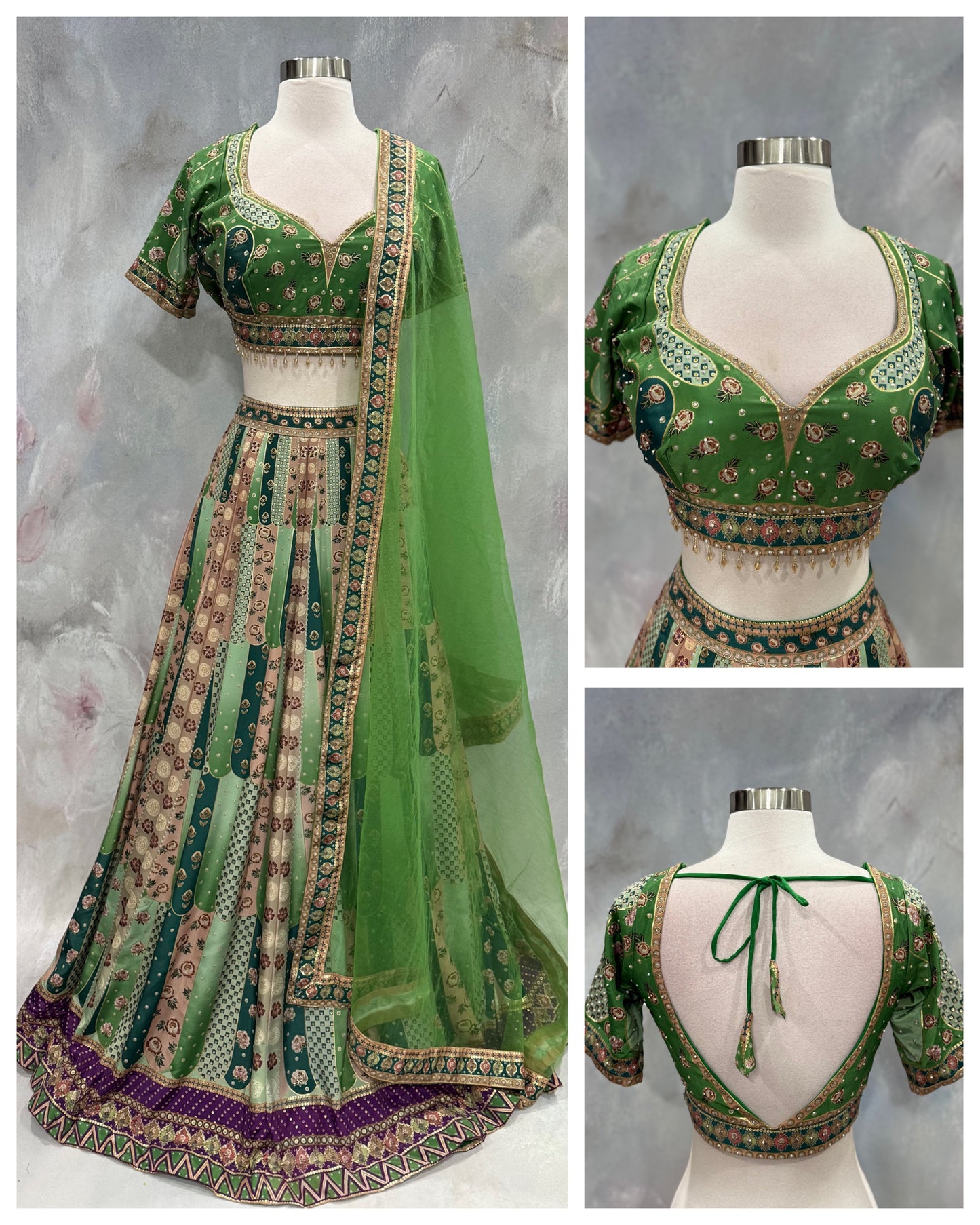 Gorgeous Silk Lehenga Choli Set in kali pattern – Mehendi & Wedding Partywear |  work  Blouse | Size 38 | Indian Ethnic Outfit