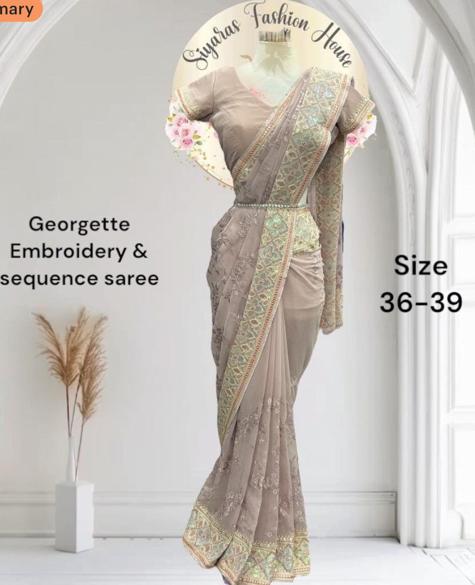 Beautiful Pastel georgette embroidery and sequence saree. Size 36 upto 39