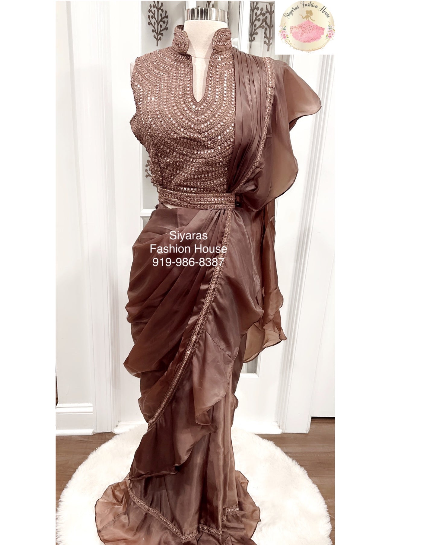 IndoWestern Dress crop top with Saree style Ruffle skirt in premium organza fabric