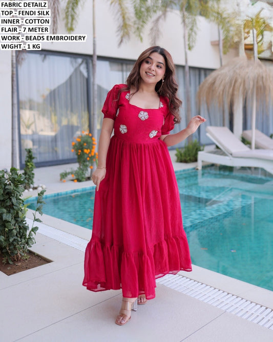 Beautiful Partywear / summer gown Fendi silk beads embroidery size 38 and 42 flair 7 mtr