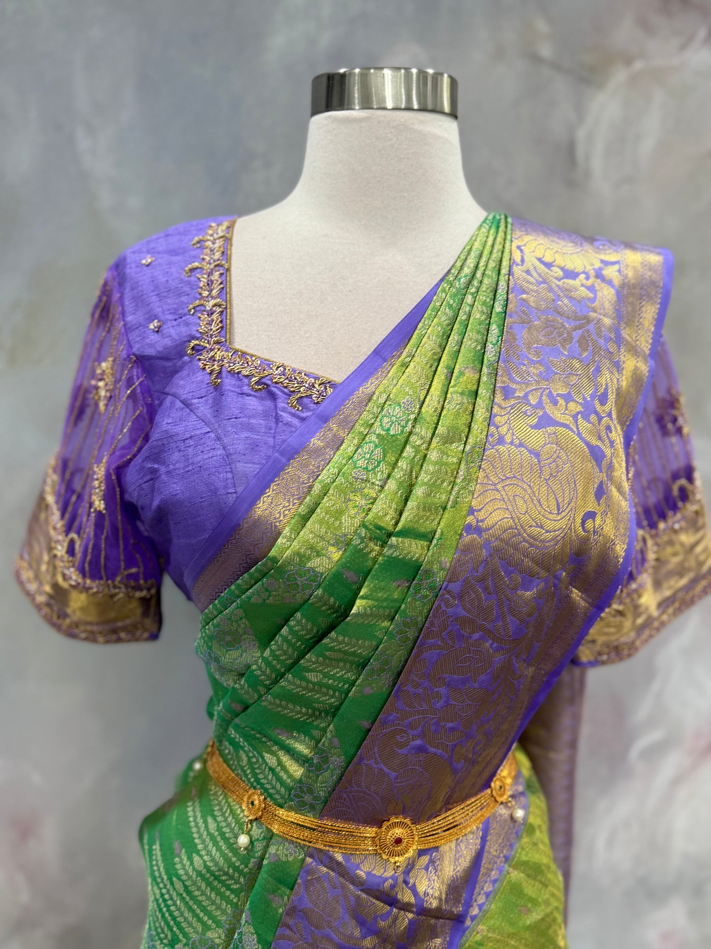 Gorgeous Wedding Pure Silk Mark Kanchi Pattu Saree with elegant designer Maggam work blouse with Net sleeves and back size 40 plus margin