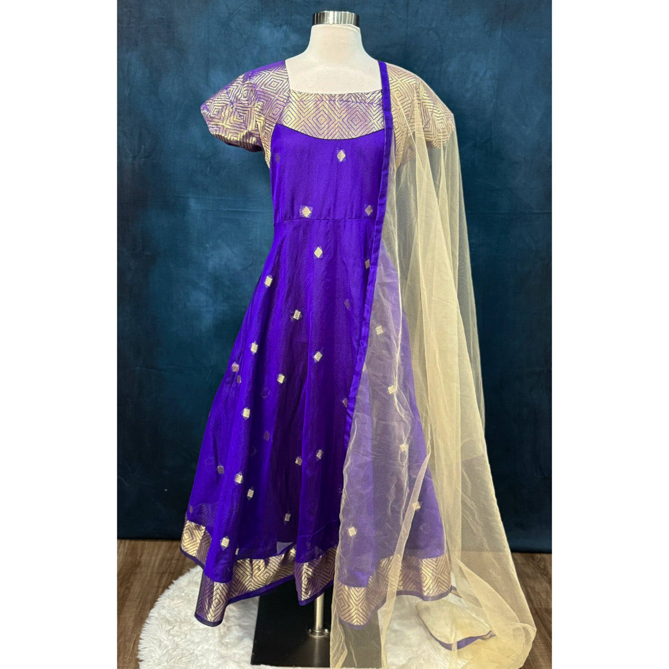 Gorgeous Royal Blue/Purple Silk Gown | Elegant Partywear Dress with Dupatta | Size 44 XXL | Length 48 | Festive & Wedding Guest Outfit