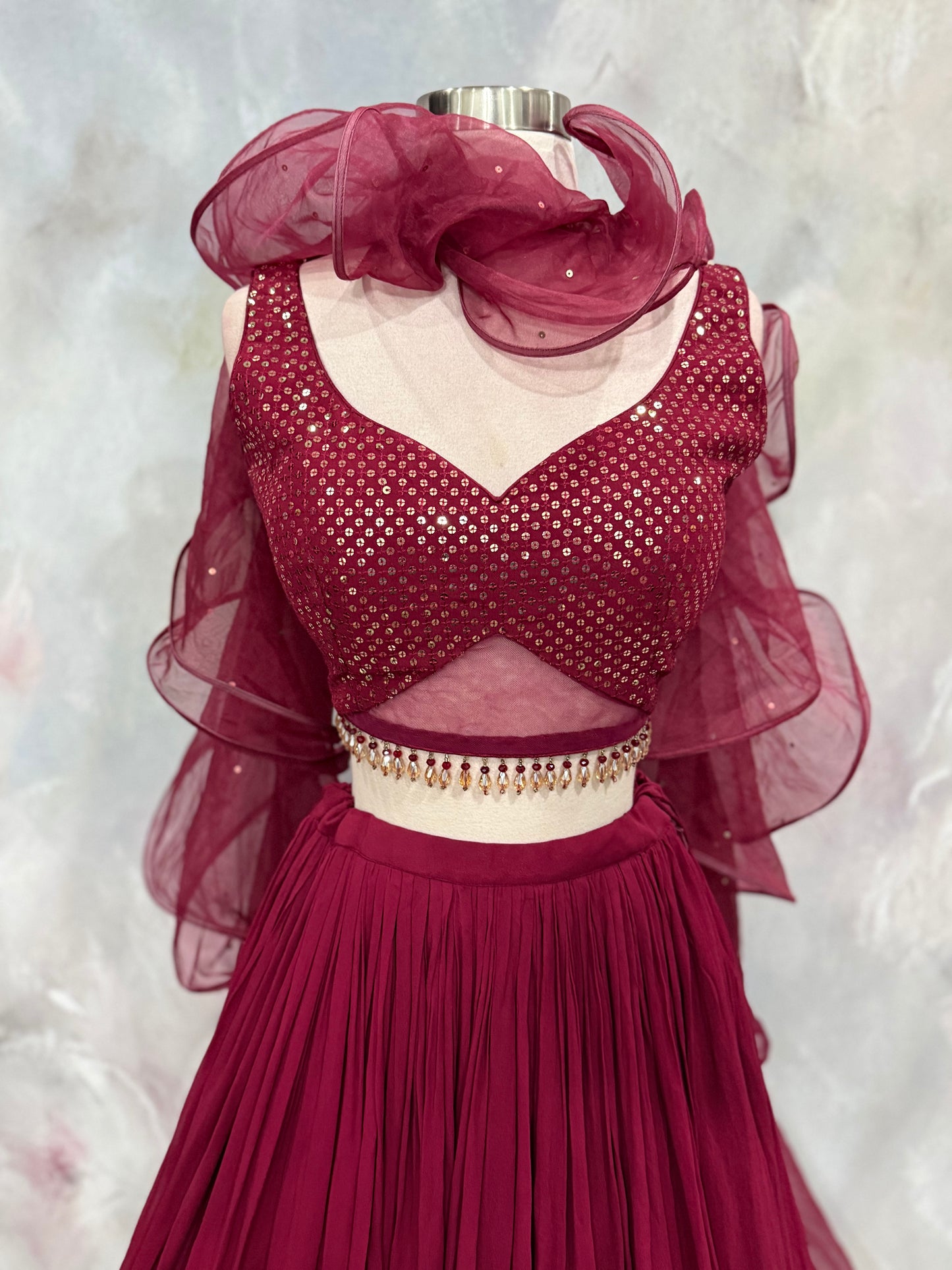 Wine-Hued Glamour Indowestern Croptop Georgette  Lehanga with Ruffle organza dupatta size 36/38 stylish blouse bead embellishments