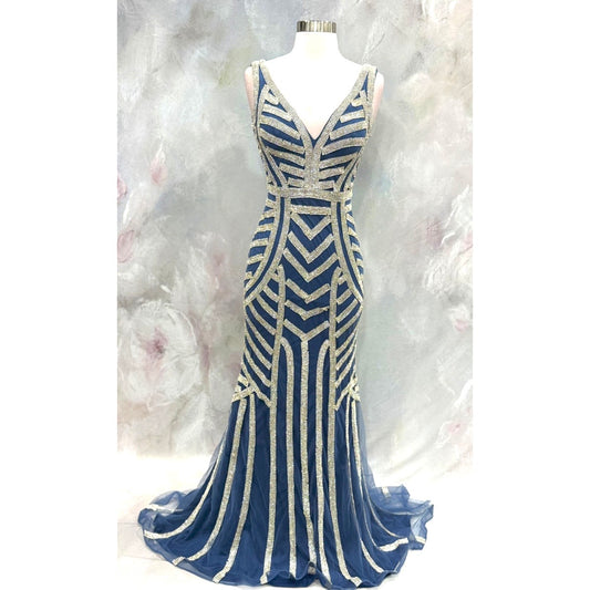 Elegant blue evening gown featuring stunning silver beaded stripe work throughout the dress size 30 waist 28