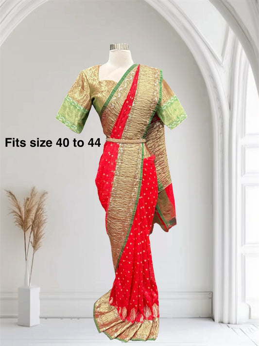 Elegant Red and Gold Banarasi Silk Saree with stitched blouse. Available in size 40 to 44.