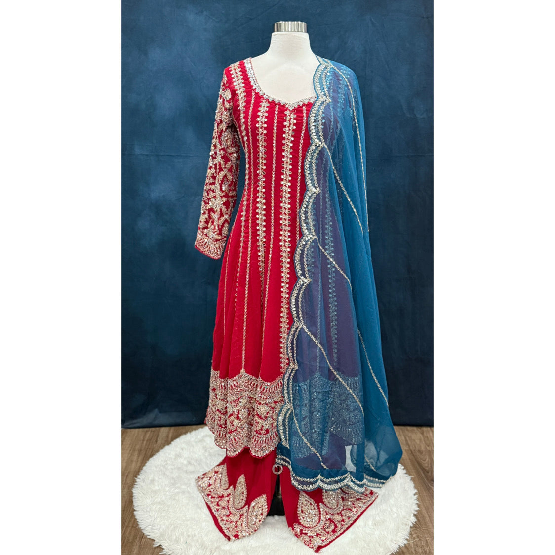 Partywear Mirror Work Anarkali Suit with Palazzo Pants and Blue Dupatta | Red Anarkali Set | Sizes Large (40) & XL (42)