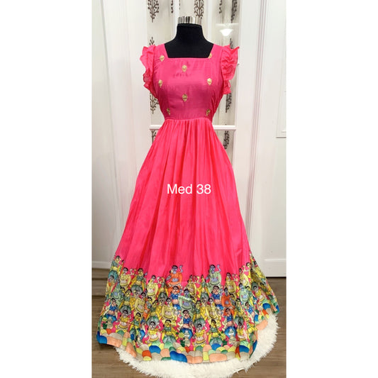 Peach pink Dola silk Kalamkari long gown Med 38 length 55
