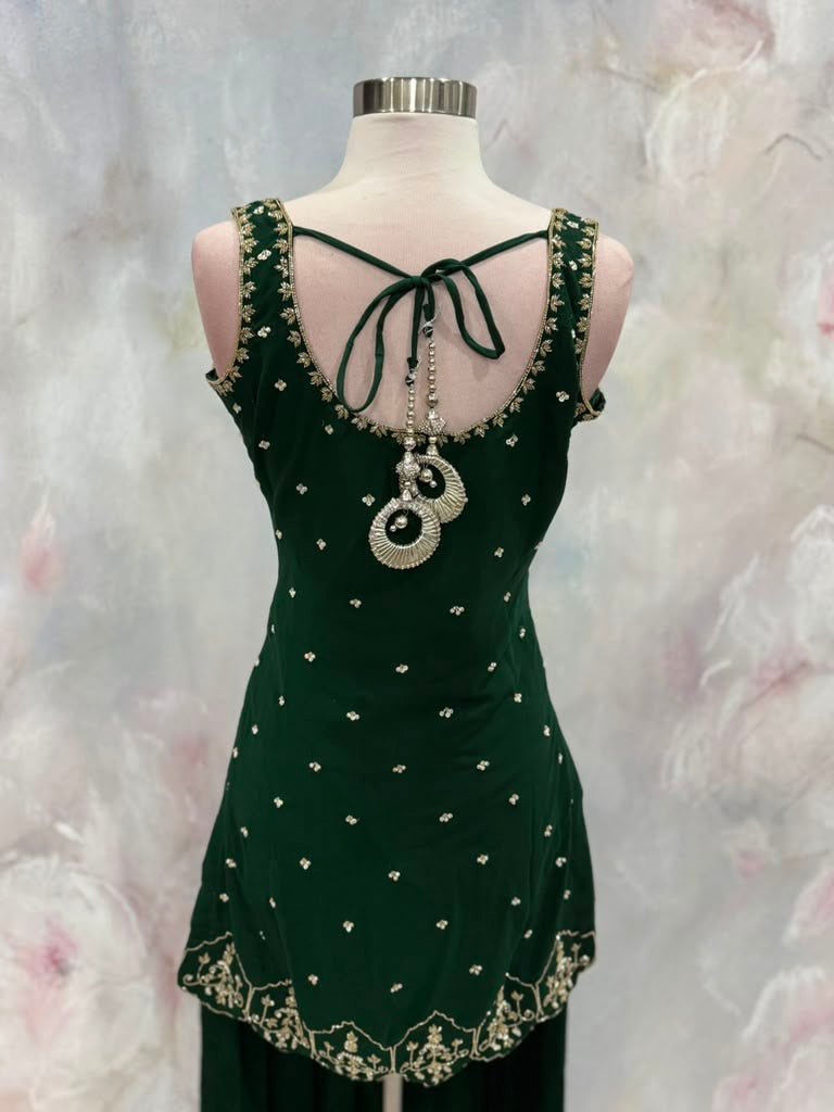 Green Georgette Partywear Sharara set with hand work with beads sequence and tube work Size 36/38 Partywear wedding Mehendi ready to ship US