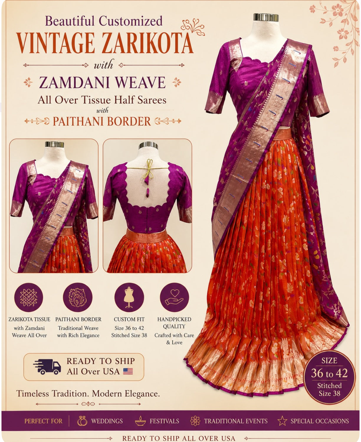 Introducing our latest Beautiful Customized Vintage Zarikota Half Saree 💗💚 
📏 Size: 36–42 🪡 Stitched Size: 38 📦 Ready to Ship Across USA 🇺🇸