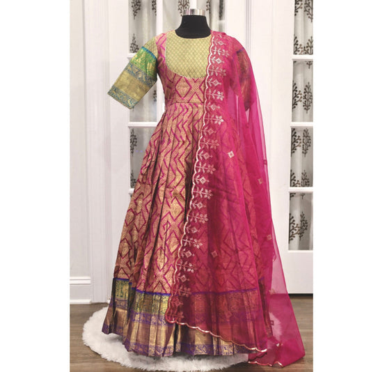Beautiful Banarasi Silk Anarkali Gown Model One Piece Maxi Long Dress for Girls Traditional Full Length Long Frock. Fits size 36