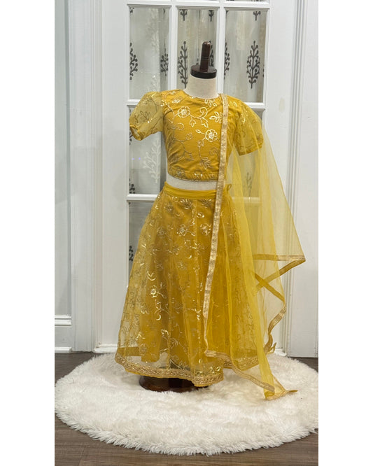 Beautiful kids yellow party wear sequins Lehenga. Available in size 26