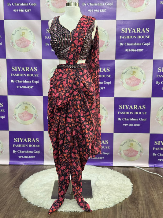 Fusion dhoti-style mirror work crop top set. Size XL 42 – glam in every drape! 
Fabric: Georgette croptop WITH MIRROR WORK