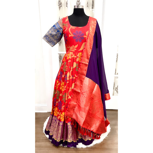 Traditional Banarasi Long gown in red color with floral pattern weave