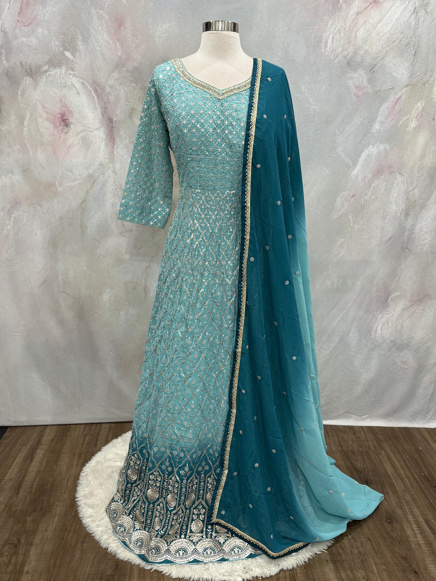 Beautiful Ombre Sea Blue Anarkali Gown | Partywear wedding| premium quality  Georgette, Zari Mirror Sequin Work, size : xxl 44 ready to ship in USA