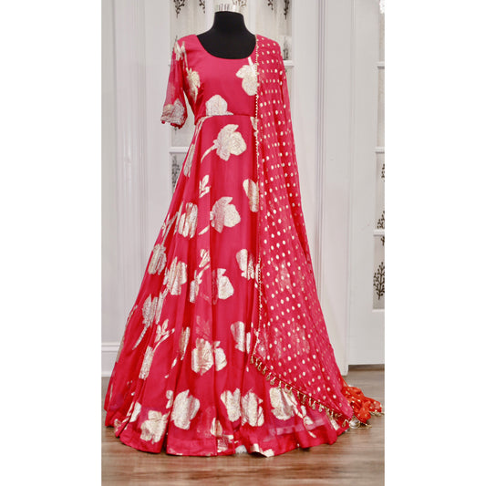 Ruby Pink Stunning Anarkali Long Partywear Gown with Dupatta in Jacquard Georgette fabric latest design with sleeves and 56 inches long Perfect dress. Available in size small 36, Medium 38, Large 40, xl 42, xxl 44